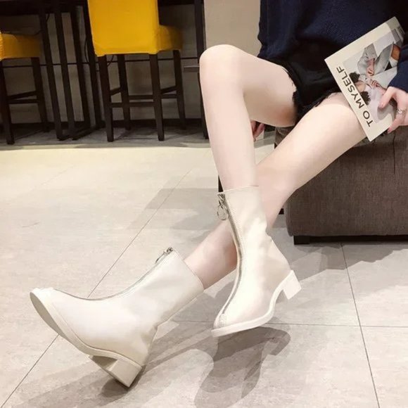 Shoes - New Front Zipper Round Toe Chunky Heel All-match Mid-Cut Martin Boots